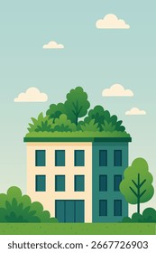 Modern eco friendly building with rooftop garden, trees and green plants. Sustainable architecture concept in flat cartoon style. Vector illustration isolated on sky background, perfect for ecology