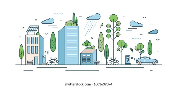 Modern eco friendly cityscape with architecture and natural park zone vector illustration in line art style. City architecture with solar energy and ecology transport at rainy day isolated on white