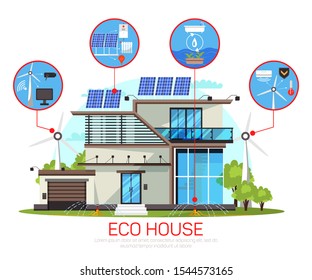 Modern eco house flat banner vector template. Alternative, renewable energy poster layout. Ecologically clean technology, water reuse. environmentally safe cottage illustration with typography