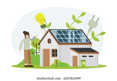 Modern eco house, solar energy panels. Smart home and save energy sustainable concept. Vector Illustration