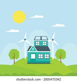 Modern Eco House with Solar Panel energy flat design