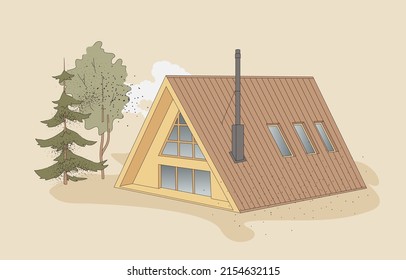 Modern eco house vector illustration. A-shape cabin design isolated on sandy tone backdrop. Architecture style image with cloud and trees. 