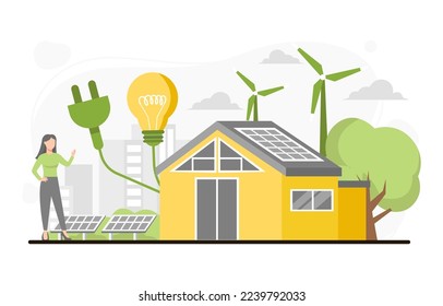 Modern eco house and windmill, solar energy panels. Smart home and save energy sustainable concept. Vector Illustration