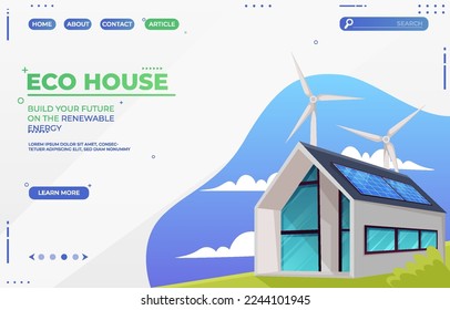 Modern eco house and windmill, solar energy panels. Smart home and save energy sustainable concept. Web banner, landing page. Vector Illustration