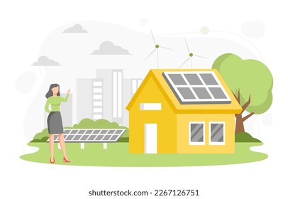Modern eco house and windmill, solar energy panels. Smart home and save energy sustainable concept. Vector Illustration