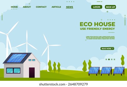 Modern eco house and windmill, solar energy panels. Smart home and save energy sustainable concept. Web banner, landing page. Vector Illustration