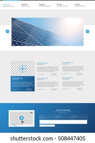 Modern Eco One Page Website Design Template, with Solar Panel Photorealistic Eco Vector Header,
