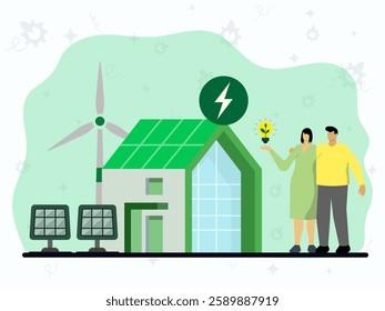 Modern eco private building with smart home technology. Green energy saving house, solar energy panels on roof, flat cartoon vector illustration. Eco life, solar panels, wind power.