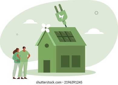 Modern eco private house with solar energy panels .Vector illustration.