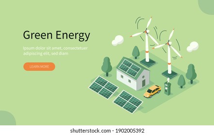 Modern Eco Private House With Windmills And Solar Energy Panels And Electric Car Near Charging Station. Eco Home Powered By Green Renewable And Solar Energy. Flat Isometric Vector Illustration.