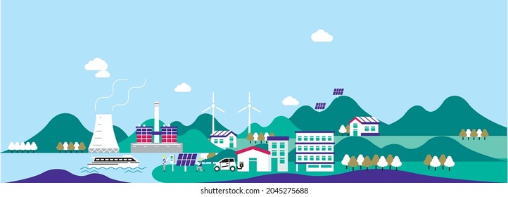 Modern Eco Private House with Windmills and Solar Energy Panels, Electric Car near Charging Station, Green Industrial Factory with Renewable Energy. Flat Isometric Vector Illustration and Icons Se
