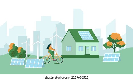 Modern Eco Private House with Windmills and Solar Energy Panels. Green energy and eco friendly transportation. Flat Isometric Vector Illustration and Icon.  Sustainable economic growth with renewable 