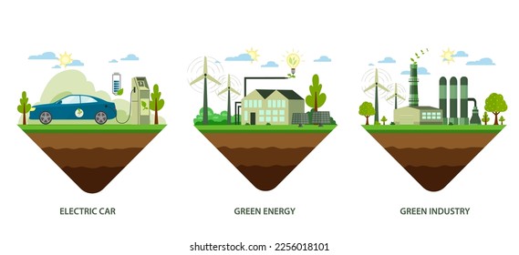 Modern Eco Private House with Windmills and Solar Energy Panels, Electric Car near Charging Station, Green Industrial Factory with Renewable Energy. Alternative Clean Energy and Healthy Lifestyle 