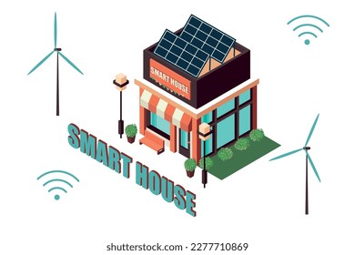 Modern eco private house with windmills and solar panels. flat isometric vector illustration, icon set and inscription smart home.