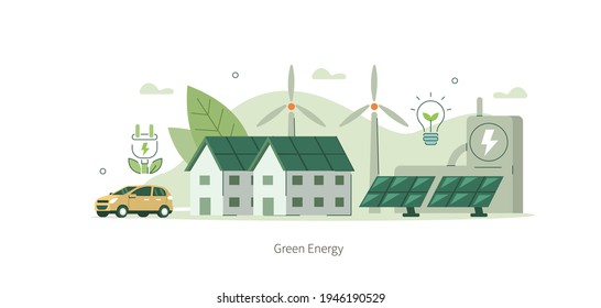 Modern Eco Private Houses with Windmills and Solar Energy Panels and Electric Car near Charging Station. Eco Home Powered by Green Renewable and Solar Energy. Flat Cartoon Vector Illustration.