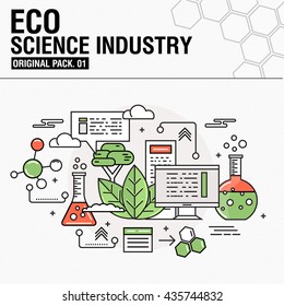 Modern Eco Science Industry. Thin Icons Set Bio Technology. Natural Organic Factory Set Collection With Global Industry Elements. Premium Quality Outline Symbol. Stroke Pictogram Concept For Design.