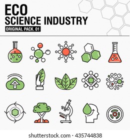 Industria moderna de la ecología. Los iconos delgados configuran la biotecnología. Colección de conjuntos de fábricas ecológicas naturales con elementos de la industria global. Símbolo de esquema de calidad superior. Concepto de pictograma de trazo para el diseño.