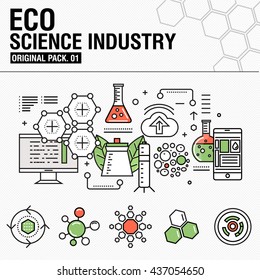 Modern Eco Science Industry. Thin Icons Set Bio Technology. Natural Organic Factory Set Collection With Global Industry Elements. Premium Quality Outline Symbol. Stroke Pictogram Concept For Design.