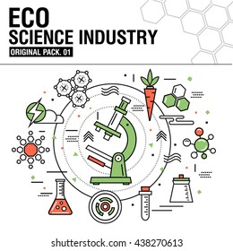 Modern Eco Science Industry. Thin Icons Set Bio Technology. Natural Organic Factory Set Collection With Global Industry Elements. Premium Quality Outline Symbol. Stroke Pictogram Concept For Design.