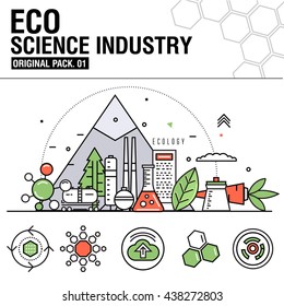 Modern eco science industry. Thin icons set bio technology. Natural organic factory set collection with global industry elements. Premium quality outline symbol. Stroke pictogram concept for design.