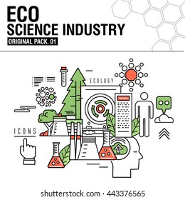 Modern eco science industry. Thin icons set bio technology. Natural organic factory set collection with global industry elements. Premium quality outline symbol. Stroke pictogram concept for design.