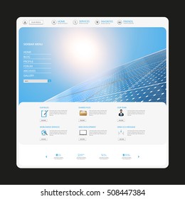 Modern Eco Simple Website Design Template, with Solar Panel Photorealistic Eco Vector Header,