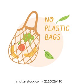 Modern eco sticker with no plastic grocery bags lettering and leaves. Concept of ecology, zero waste and sustainability. Colored flat vector illustration isolated on white background