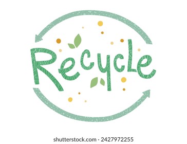 Modern eco sticker with recycle sign, arrows and leaves. Concept of ecology, zero waste and sustainability. Colored flat textured vector illustration isolated on white modern background