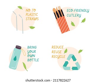 Modern eco stickers set with lettering and leaves. Concept of ecology, zero waste and sustainability. Colored flat vector illustration isolated on white background
