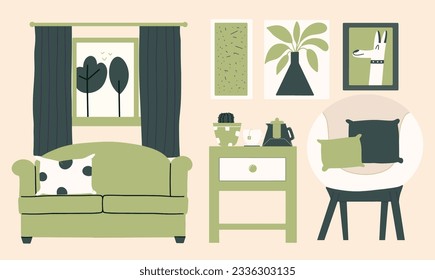 Modernes Design im öko-Stil. Möbel im Wohnzimmer. Vektorgrafik in Flachstil
