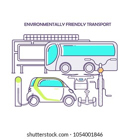 Modern eco technologies in the city. environmentally friendly transport. Icons in flat line design. Vector illustration eps 10