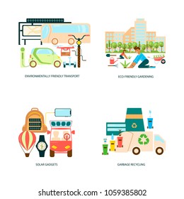 Modern eco technologies in the city. Eco friendly gardening. Icons in flat design. Vector illustration eps 10