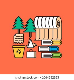 Modern eco technologies in the city. Old paper recycling on orange background. Icons in flat line design. Vector illustration eps 10