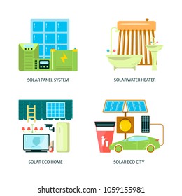 Modern eco technologies in the city. Solar energy eco home. Icons in flat design. Vector illustration eps 10