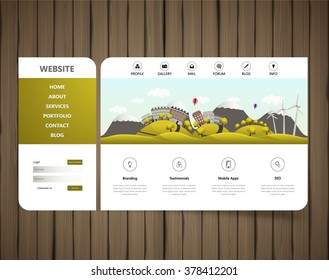 Modern Eco website template on wooden board with landscape illustration
