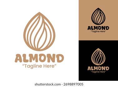 Un moderno logotipo de almendra ecológico diseñado para marcas orgánicas, envases de alimentos y empresas de nutrición.