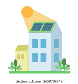 Modern eco-friendly building with solar panels and greenery – ideal for concepts of renewable energy, sustainable architecture, green technology, and environmental awareness illustrations.