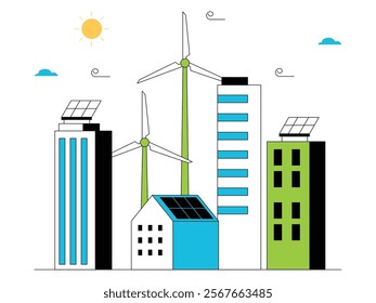 Modern eco-friendly city utilizes solar panels as a source of electrical energy for daily life, green energy vector illustration.