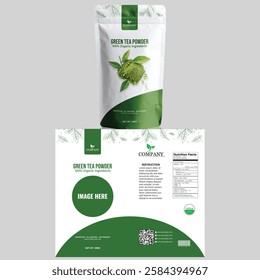 Modern and eco-friendly green tea pouch packaging with a fresh, natural look. Ideal for organic, herbal, and premium tea brands seeking an elegant design.