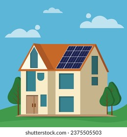 Modern Eco-Friendly House Illustration with Solar Panel on Roof