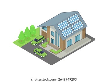 Modern eco-friendly house with solar panels on the roof and two electric cars, one of them charging at a home EV station. Isometric vector illustration representing green energy, sustainable living, s