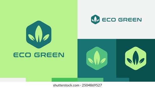 Modern eco-friendly logo featuring a flat leaf design and a green badge. Perfect for environmentally conscious brands, emphasizing sustainability, nature, and a commitment to green practices.