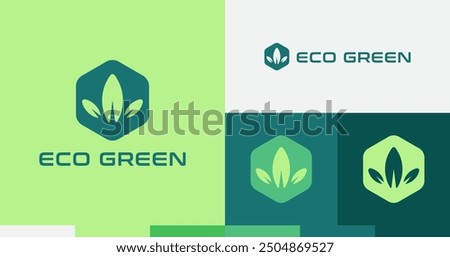 Modern eco-friendly logo featuring a flat leaf design and a green badge. Perfect for environmentally conscious brands, emphasizing sustainability, nature, and a commitment to green practices.