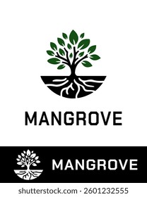 A modern and eco-friendly logo featuring a stylized mangrove tree with green leaves and exposed roots, designed in a minimalistic style