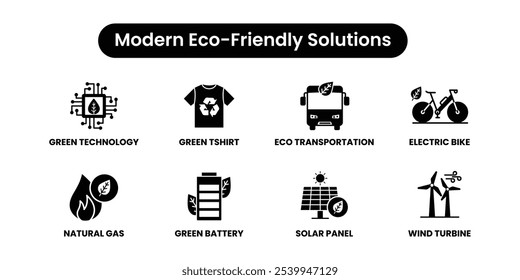 Soluções ecológicas modernas - tecnologia verde, painel solar e bicicleta elétrica, transporte ecológico, bateria verde e gás natural.Conjunto de ícone de vetor sólido preto	
