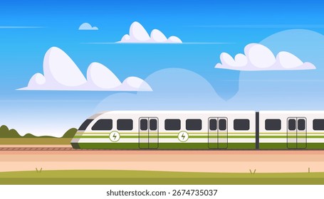 Un tren ecológico moderno que se mueve por un paisaje natural. Transporte público sostenible y con bajas emisiones de carbono impulsado por energía renovable. Vector No generado por IA