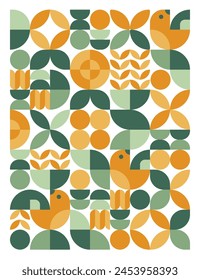 Modern ecological, geometric background. Abstract nature: leaves, birds, spikelets, flowers. Seamless pattern. Vector illustration.