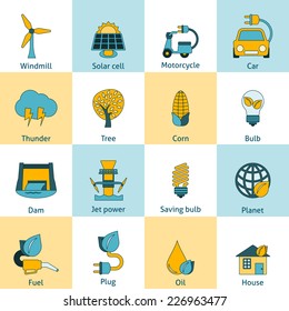 Modern ecologically sustainable energy saving systems flat line icons set with solar cell abstract isolated vector illustration