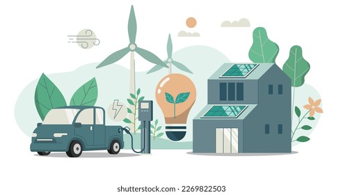 Modern ecology house and solar energy panels, Wind turbines generate electricity, Electric pickup charging station,
Renewable energy sources concept, Vector design illustration.