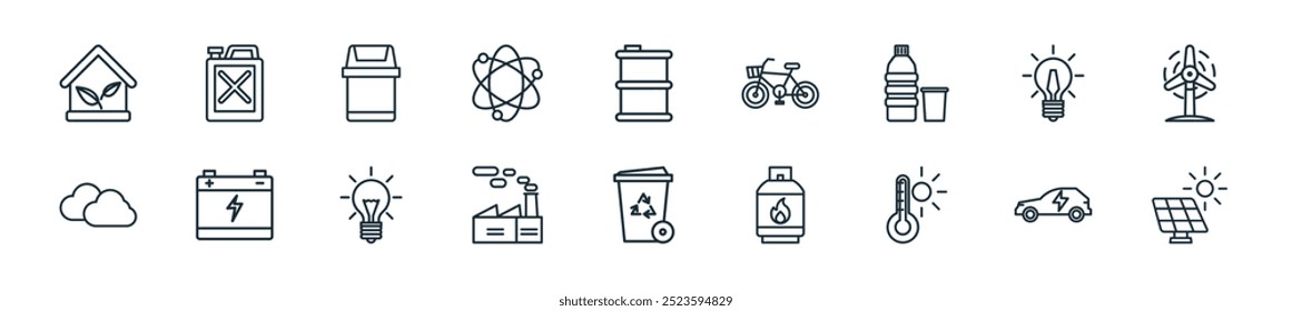 moderno ecologia ícone pack. perfeito para projetos de iu linear com vetor célula solar, carro elétrico, termômetro, cilindro de gás, lixeira, fábrica, lâmpada e mais ícones para aplicativos móveis e web.